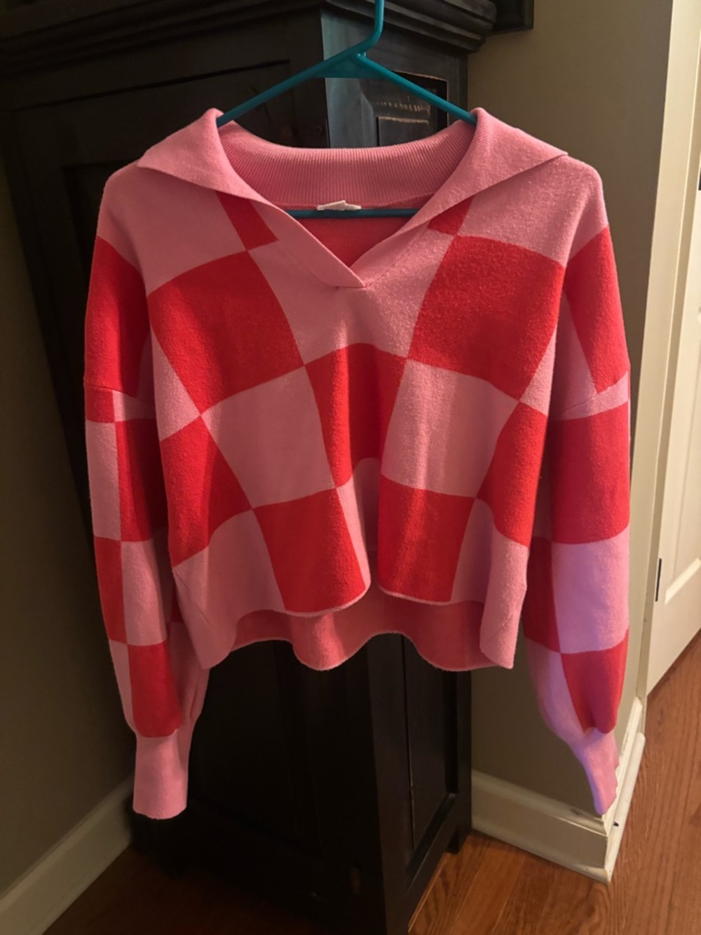 Le Lis Pink and Red Check V-Neck Hooded Sweater
